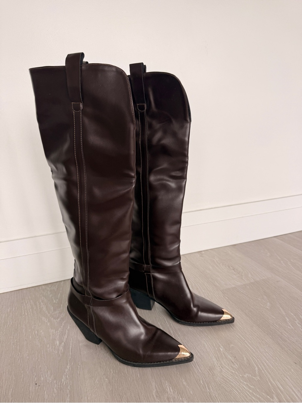 Brown Leather Knee-High Boots with Gold Toe Caps - Picture 2 of 6